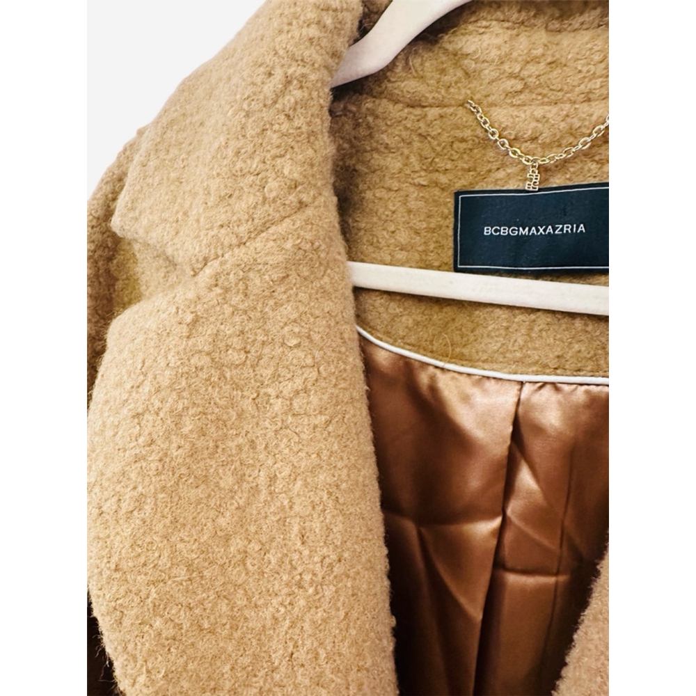 BCBGMAXAZRIA Camel Coat Gold Buttons, Buckei Fabric Notched Collar Lined Large - Picture 10 of 15
